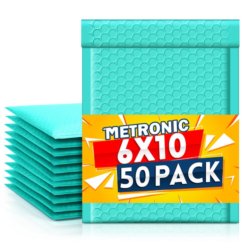 Metronic Bubble Mailers 6x10 Inch 50 Pack Usable Size 6x9" Teal Padded Envelopes Waterproof Bubble Envelopes Self Seal Adhesive for Jewelry, Makeup, Shirts, Small Item - Image 1